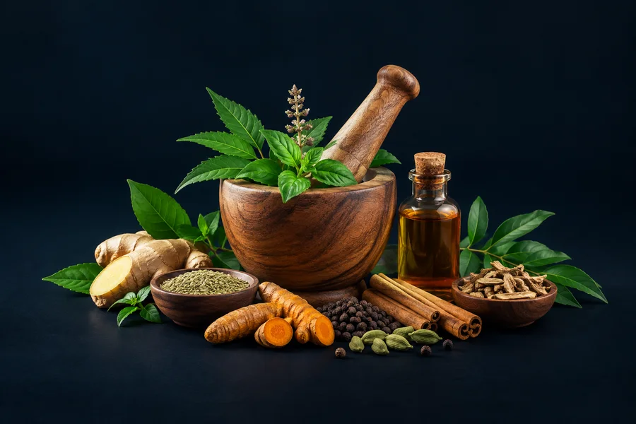 Wooden mortar, medicinal leaves, herbs and herbal oil